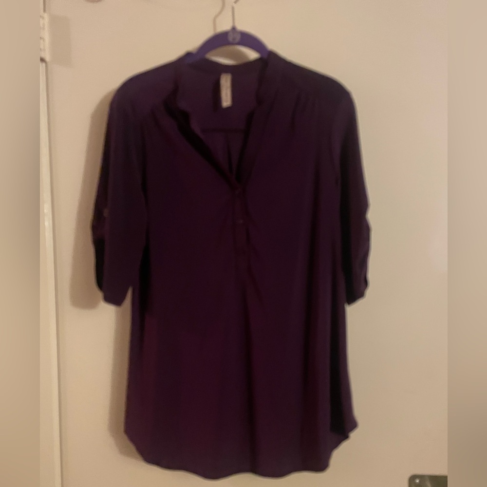 PerSeption Concept Purple 3/4 Sleeve Blouse with Mandarin Collar. 28 1/2 length